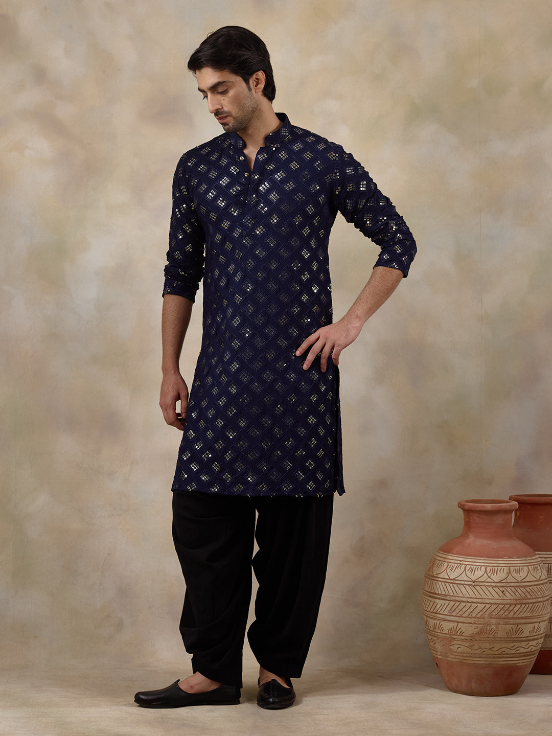 Regal Blue Embellished Men's Kurta