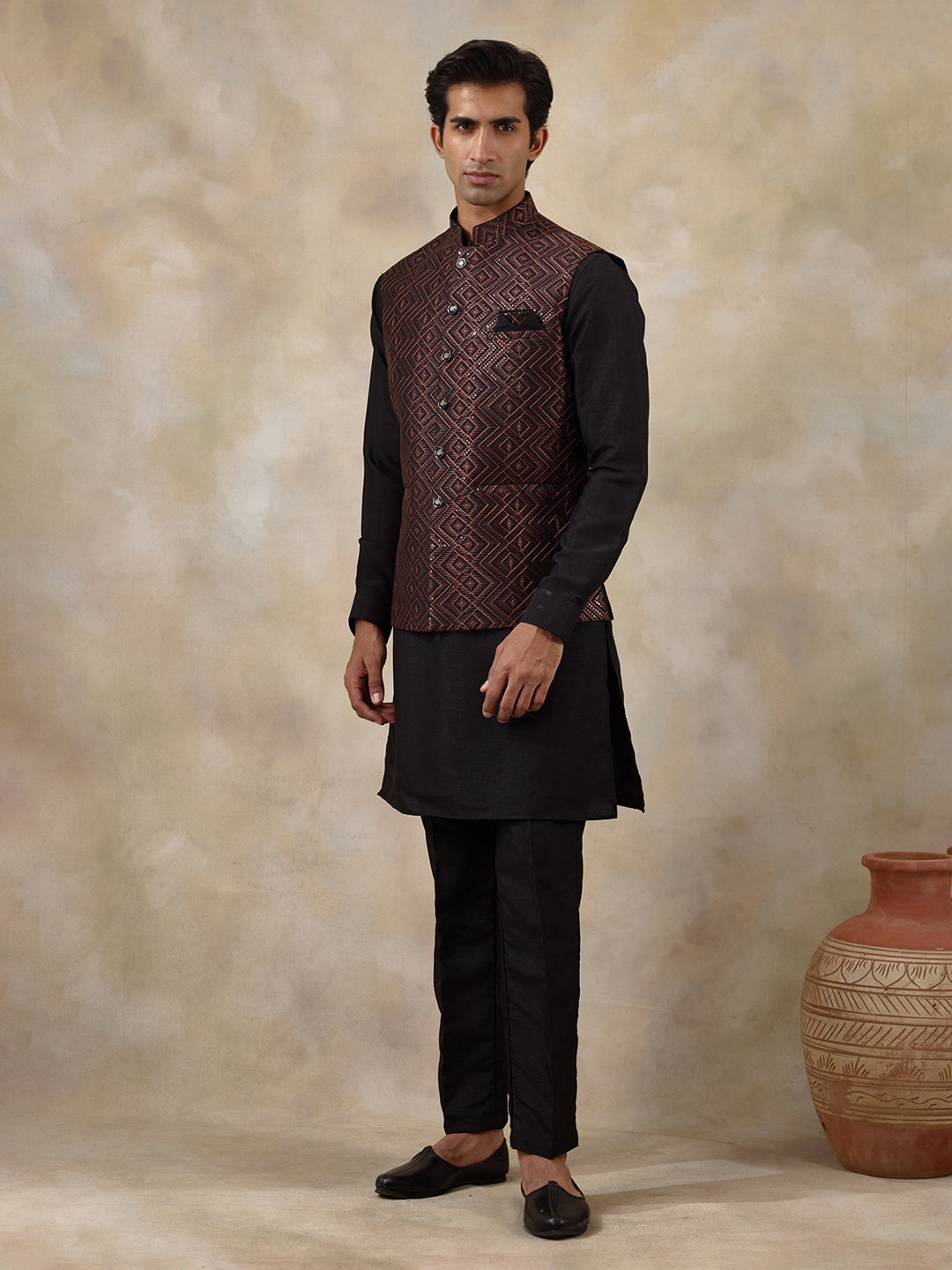 Rust Black Embroidered Men's Kurta Set