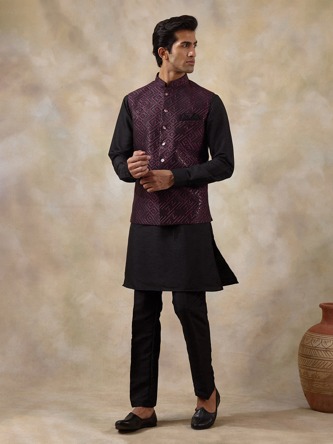 Wine Black Embroidered Men's Kurta Set