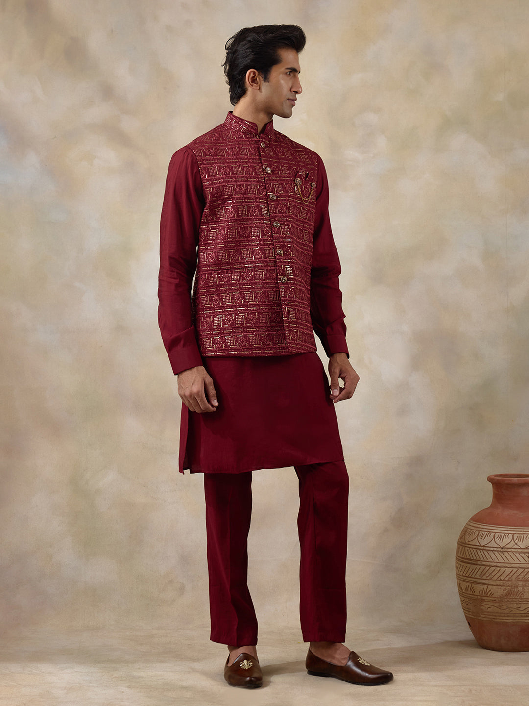 Bright Red Patterned Men's Kurta Set