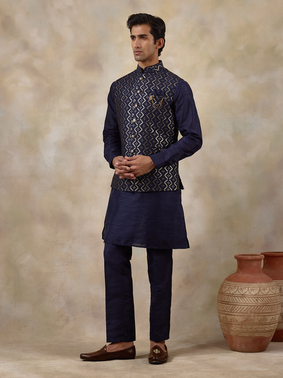 Deep Blue Sequinned Men's Kurta Set
