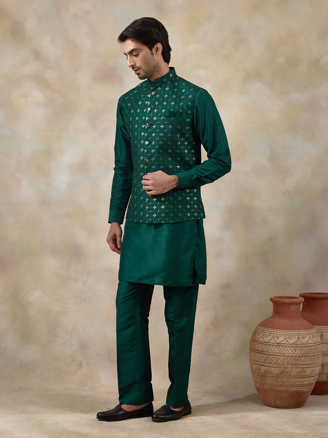 Bottle Green Motifs Sequinned Men's Kurta Set