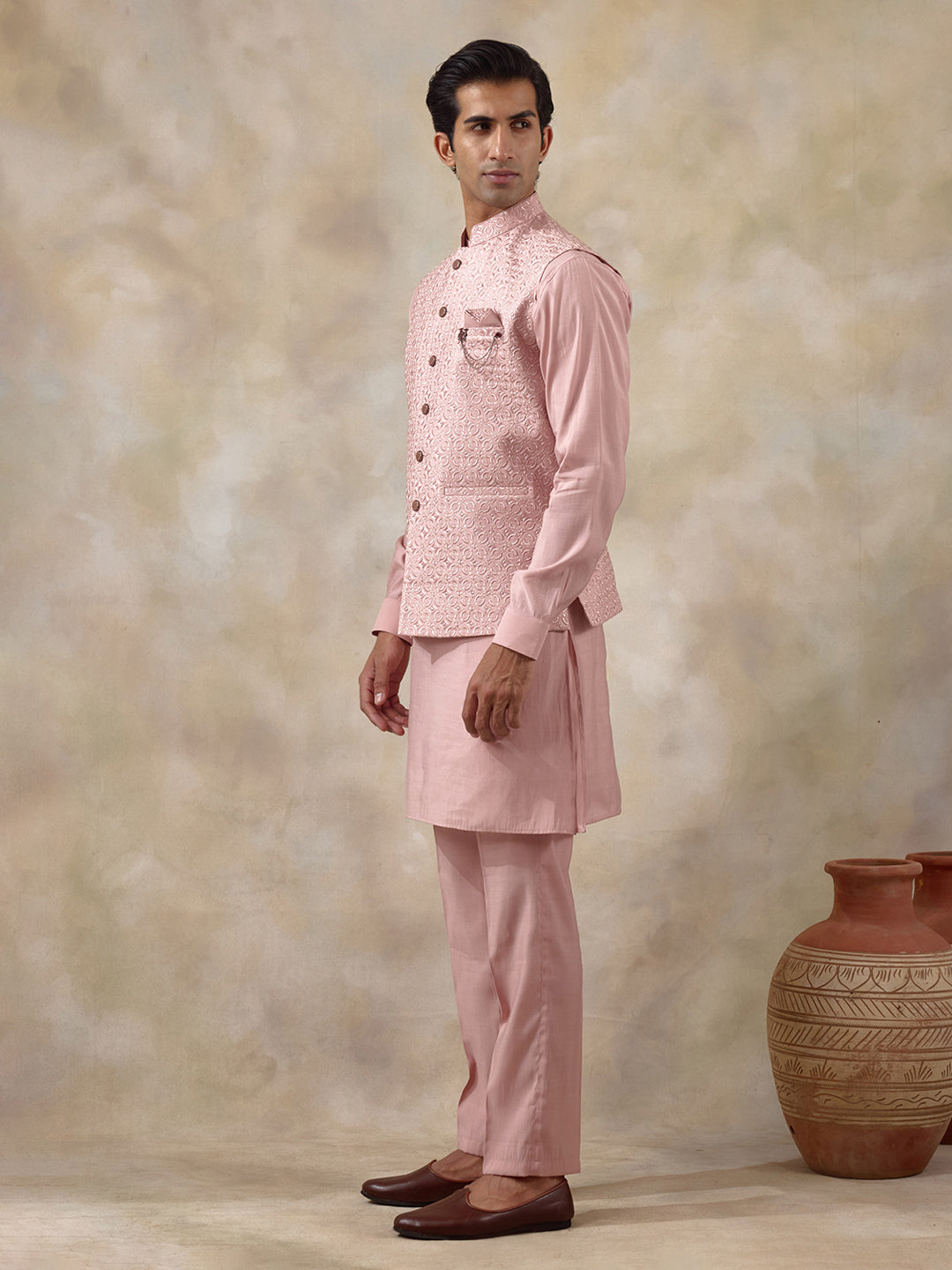 Peachy Peach Embroidered Men's Kurta Set