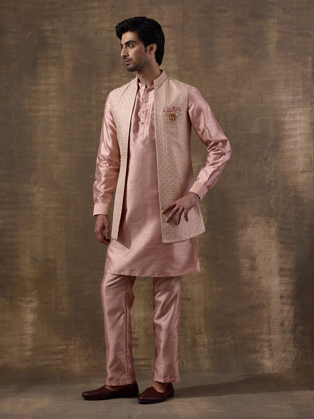 Pastel Pink Sequinned Men's Kurta Set with Long Jacket