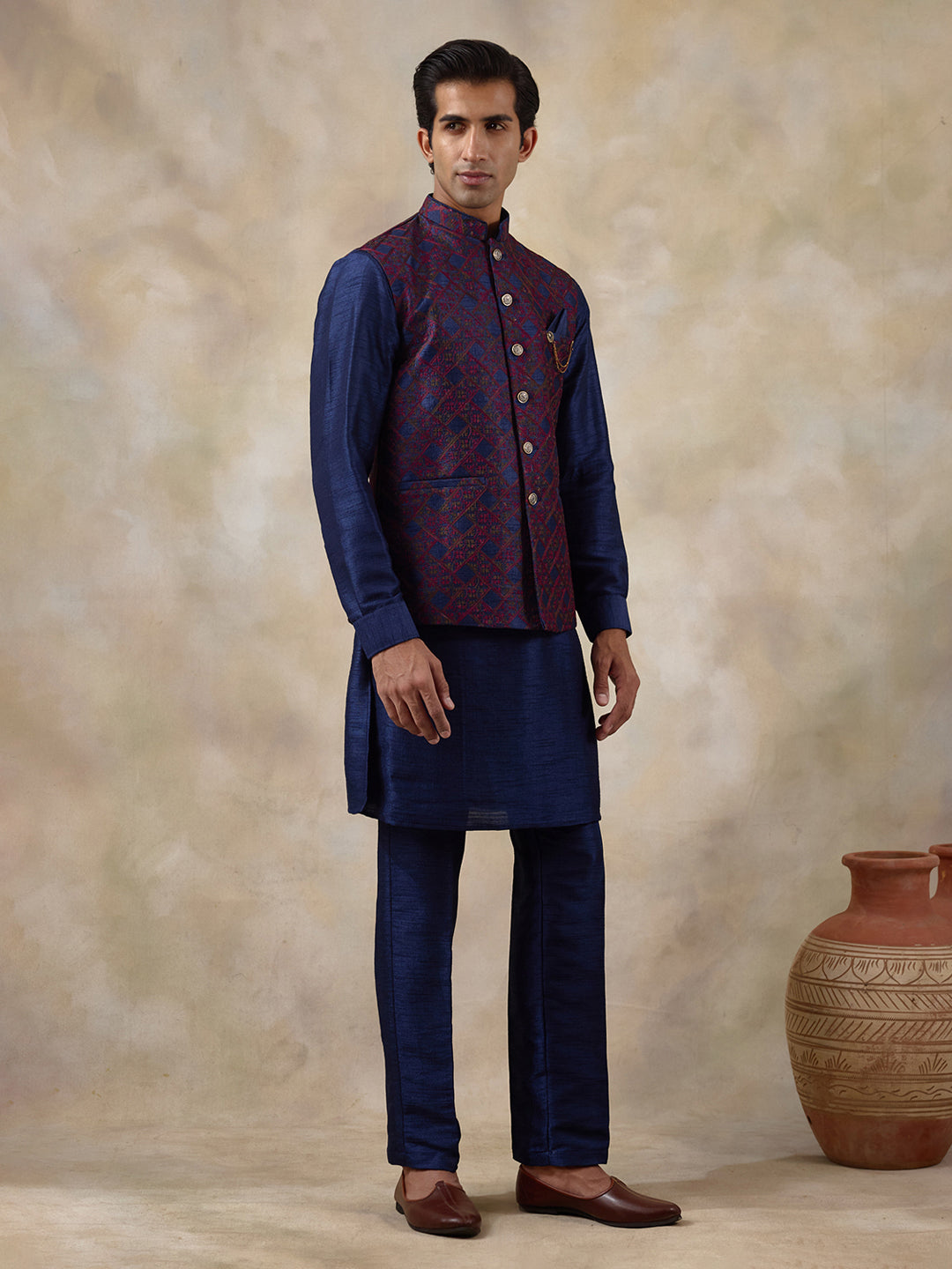Blue Red Patterned Men's Kurta Set