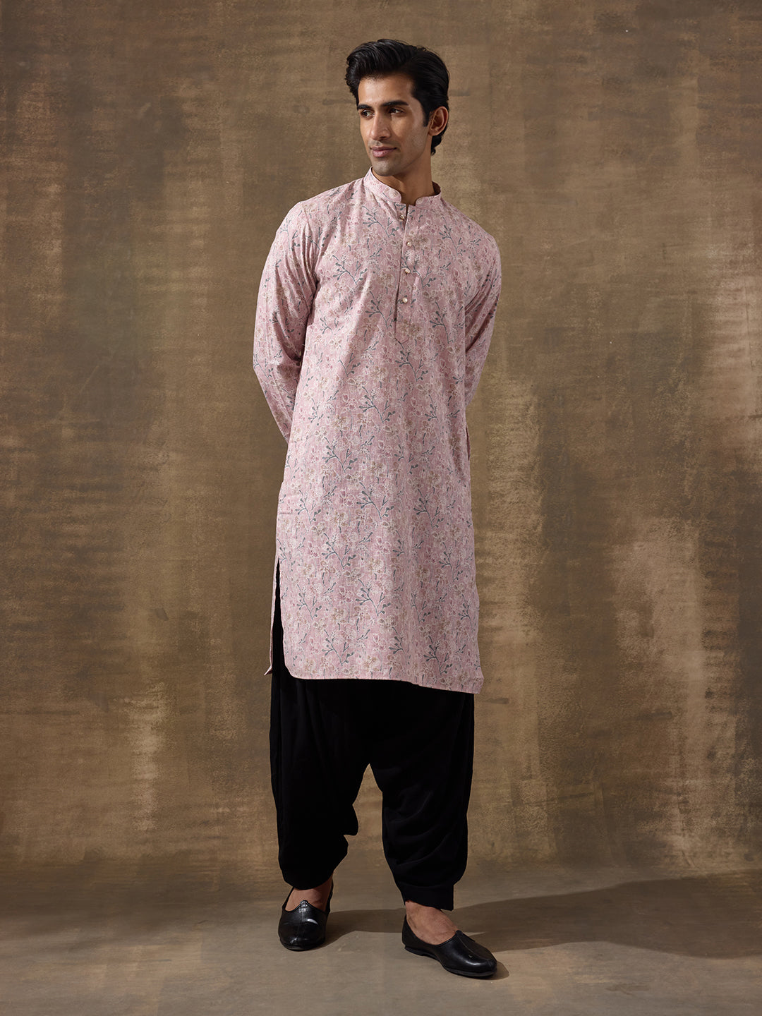 Soft Pink Floral Printed Men's Kurta