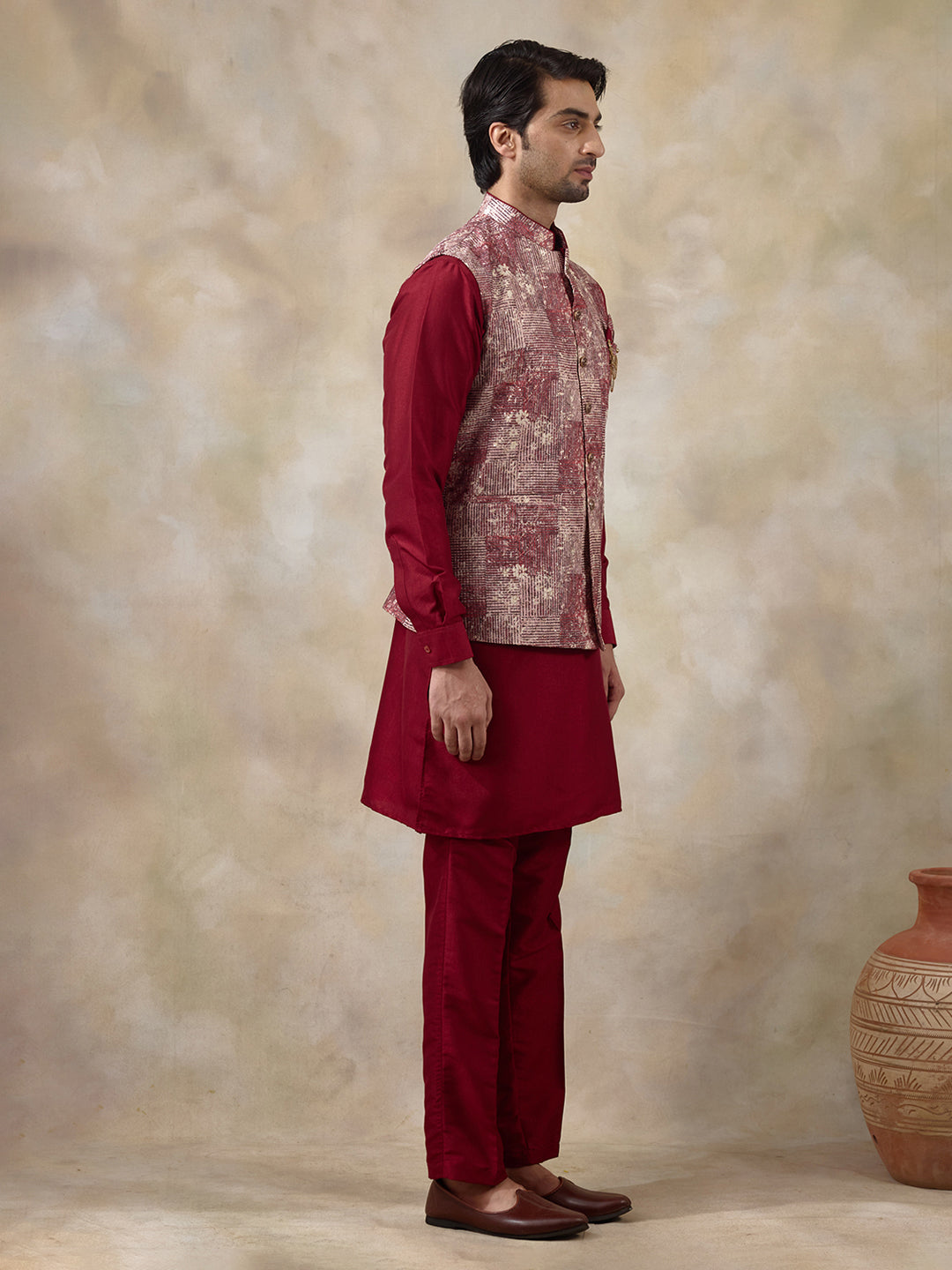 Bloody Red Patterned Men's Kurta Set