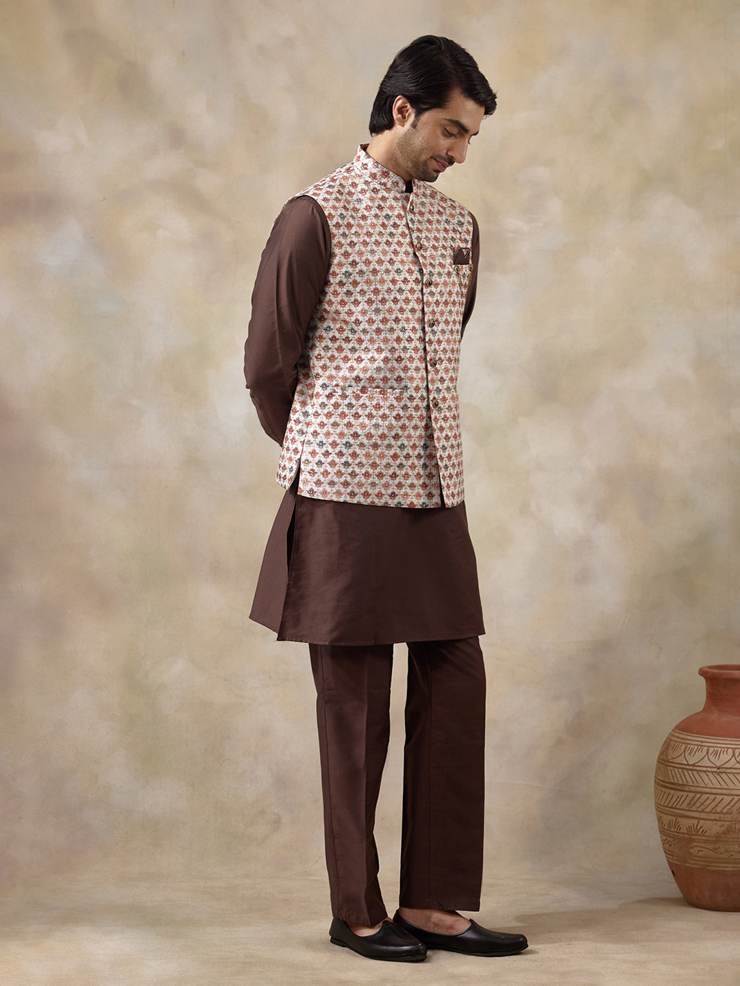 Brown Multicolour Patterned Men's Kurta Set