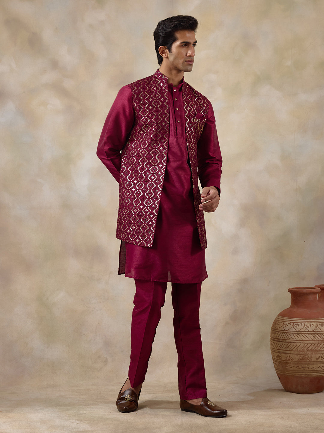 Deep Wine Sequinned Men's Kurta Set with Long Jacket