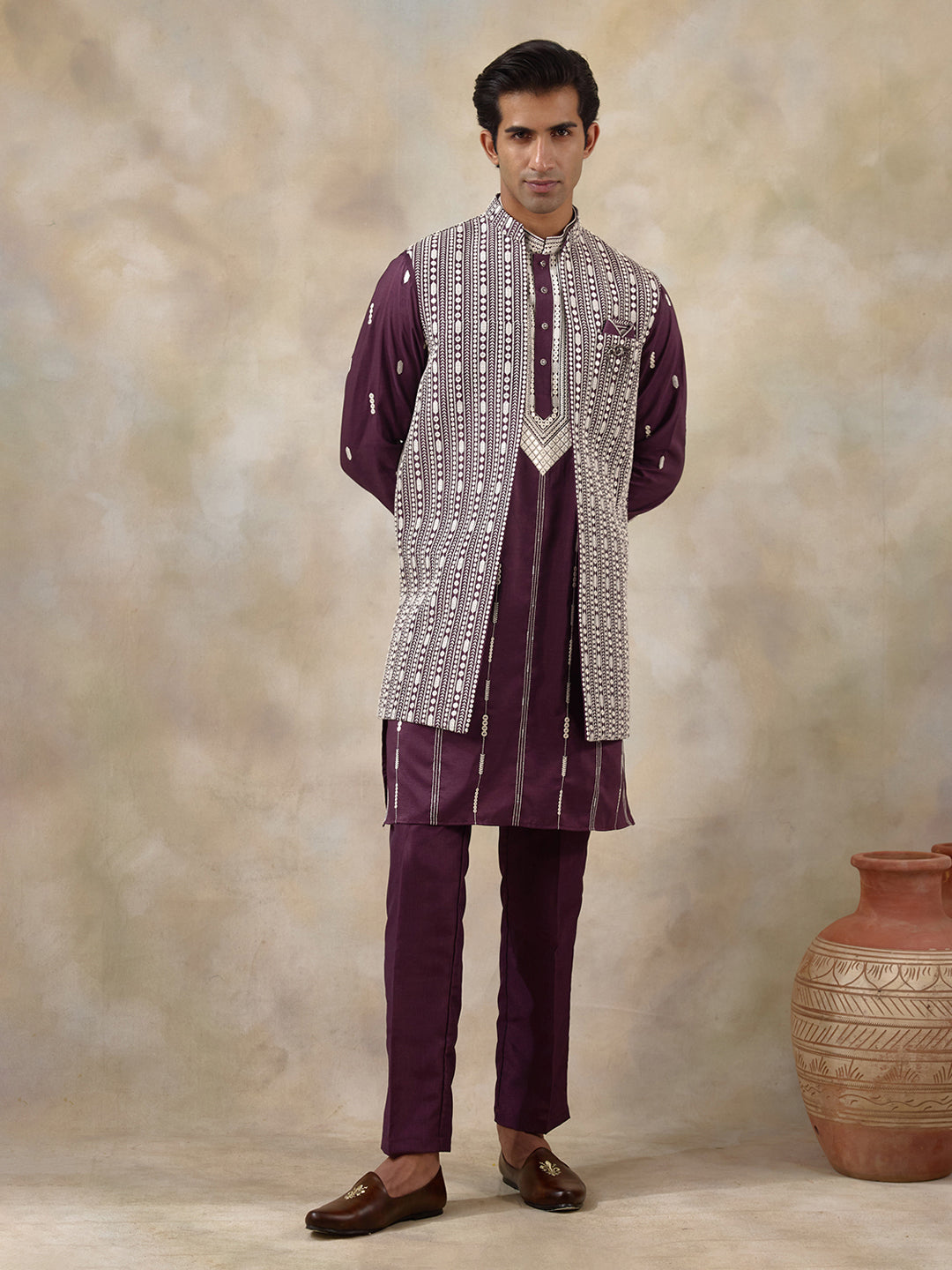 Purple Chikankari Embroidered Men's Kurta Set with Long Jacket