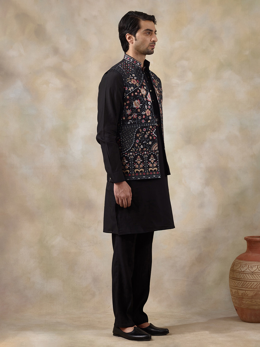 Majestic Black Floral Embroidered Men's Kurta Set with Long Jacket