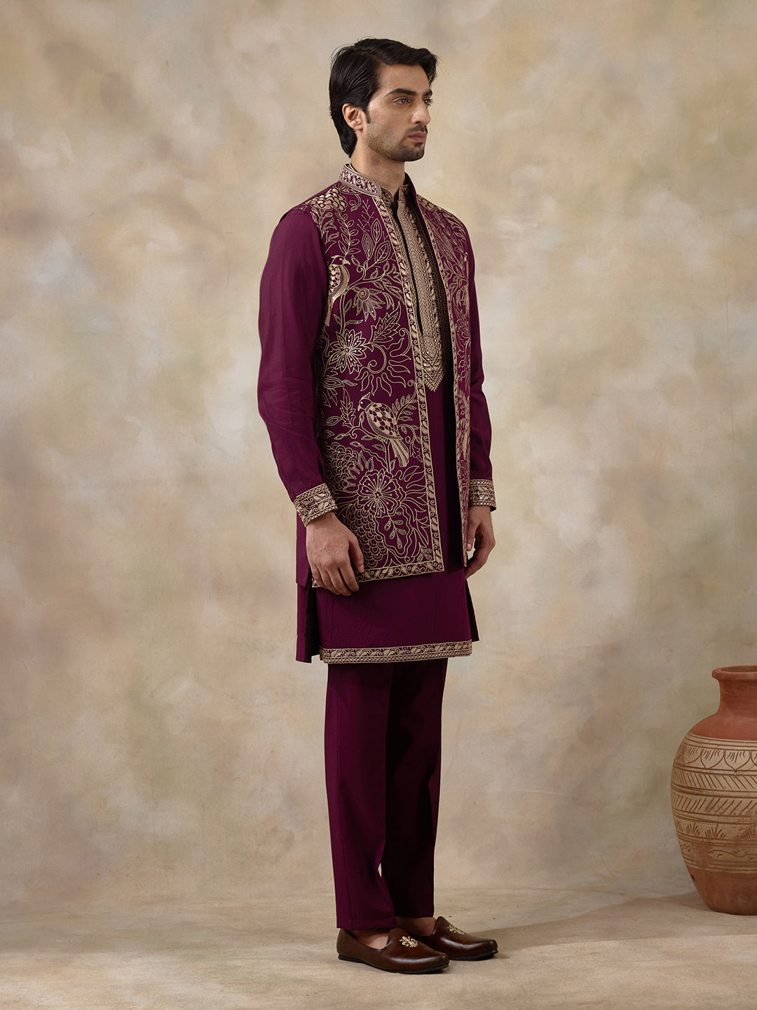 Wine Purple Bird Embroidered Men's Kurta Set with Long Jacket