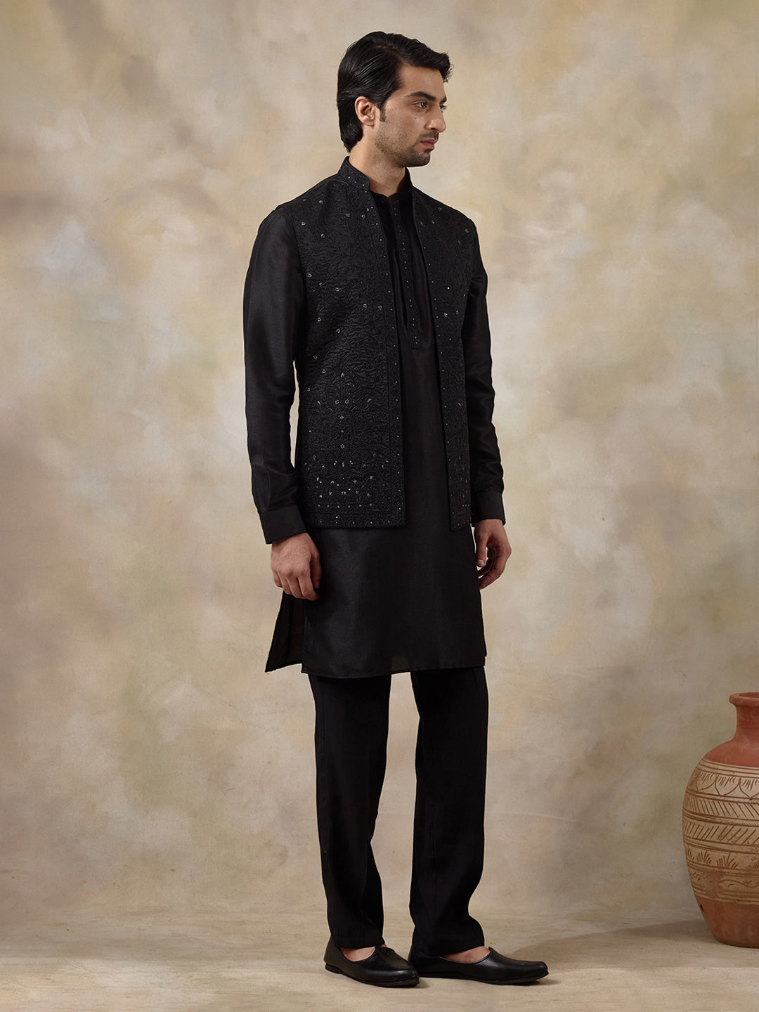 Midnight Black Sequinned Men's Kurta Set with Long Jacket