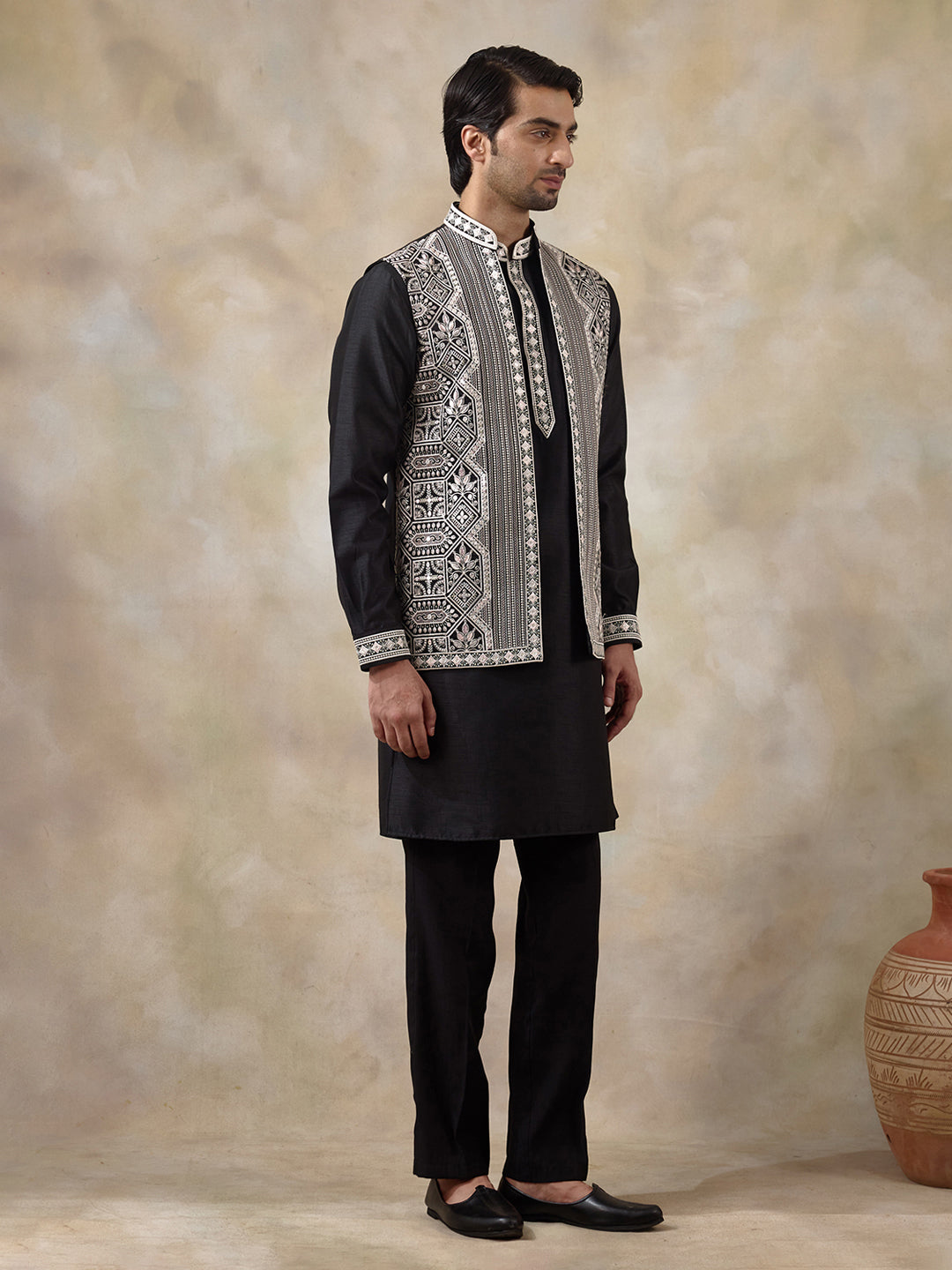 Classic Black Geometric Embroidered Men's Kurta Set with Long Jacket