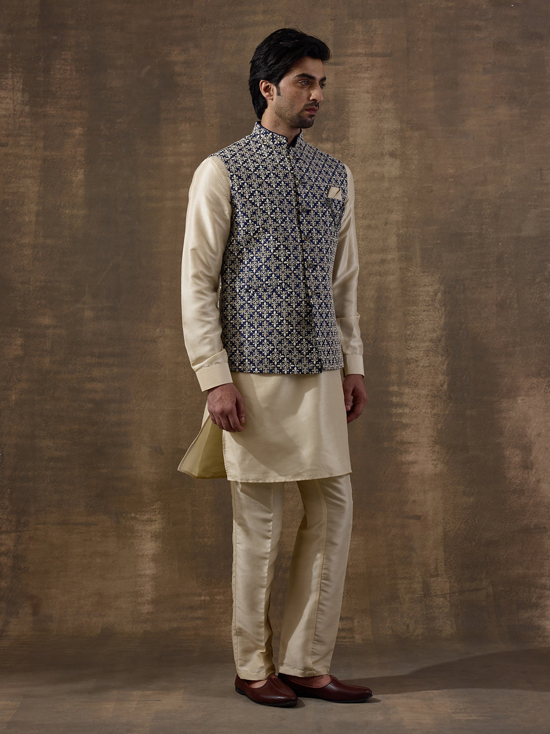 Traditional Motifs Beige Embroidered Men's Kurta Set