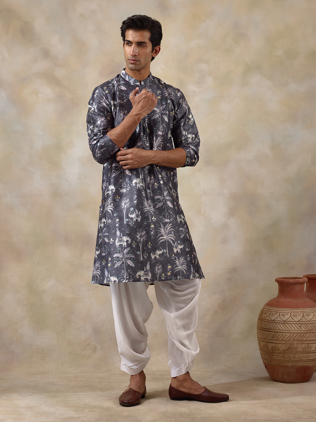 Palm Grey Printed Men's Kurta
