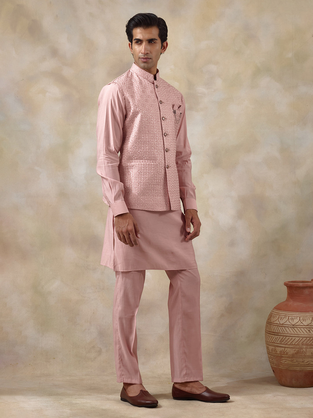 Peachy Peach Embroidered Men's Kurta Set