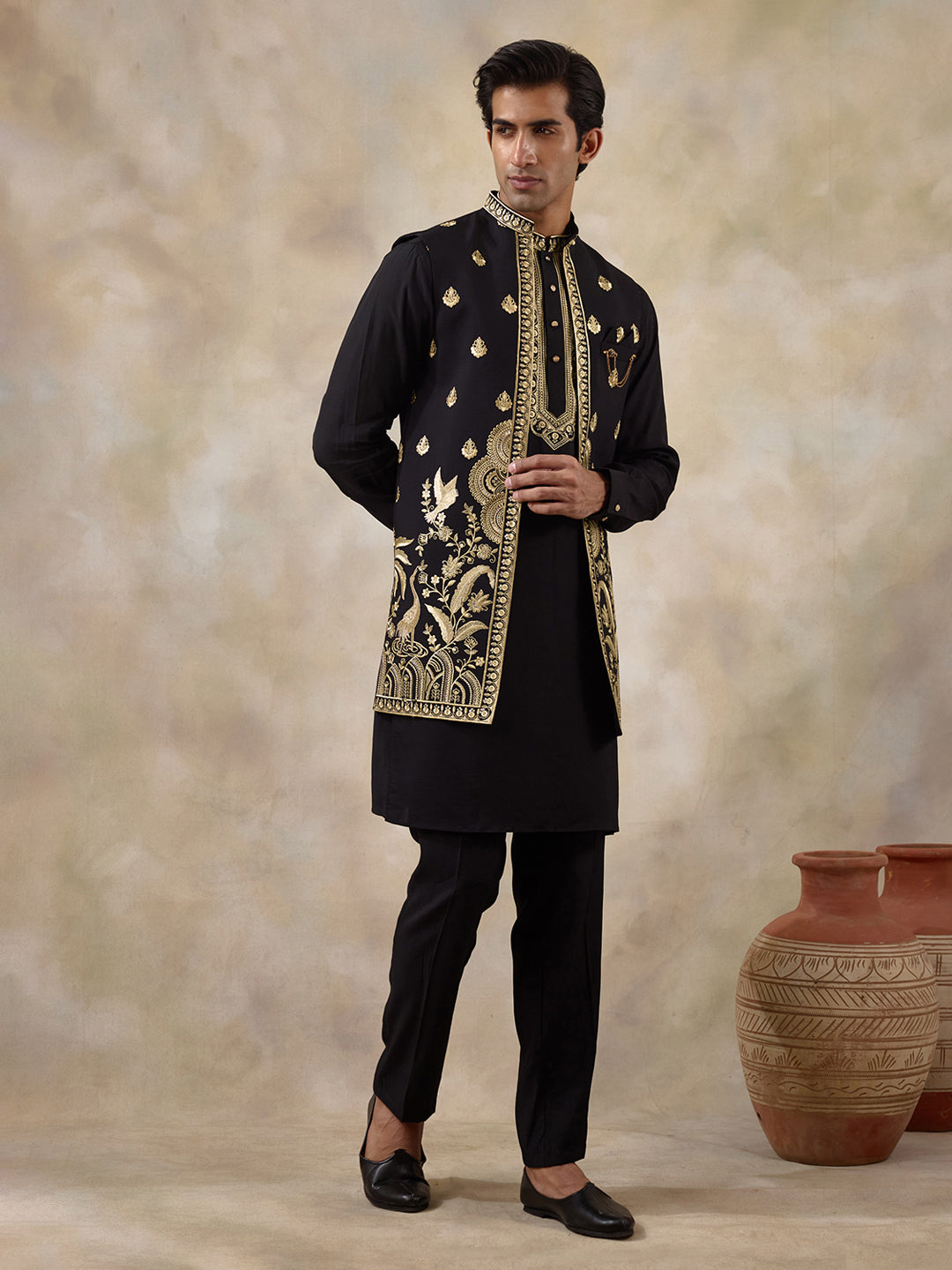 Royal Black Aari Embroidered Men's Kurta Set with Long Jacket