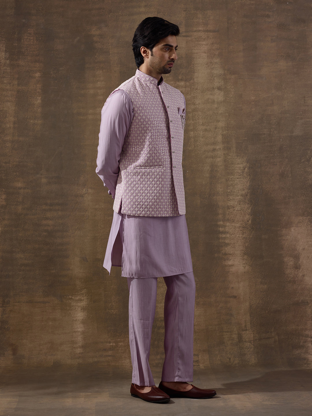 Elegant Lilac Motifs Embroidered Men's Kurta Set