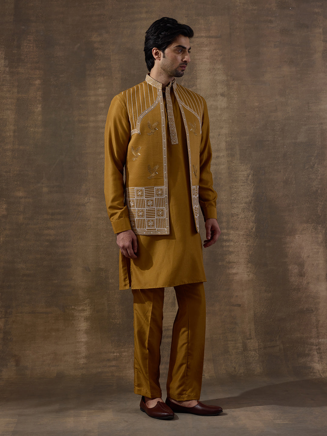 Deep Mustard Temple Embroidered Men's Kurta Set with Long Jacket