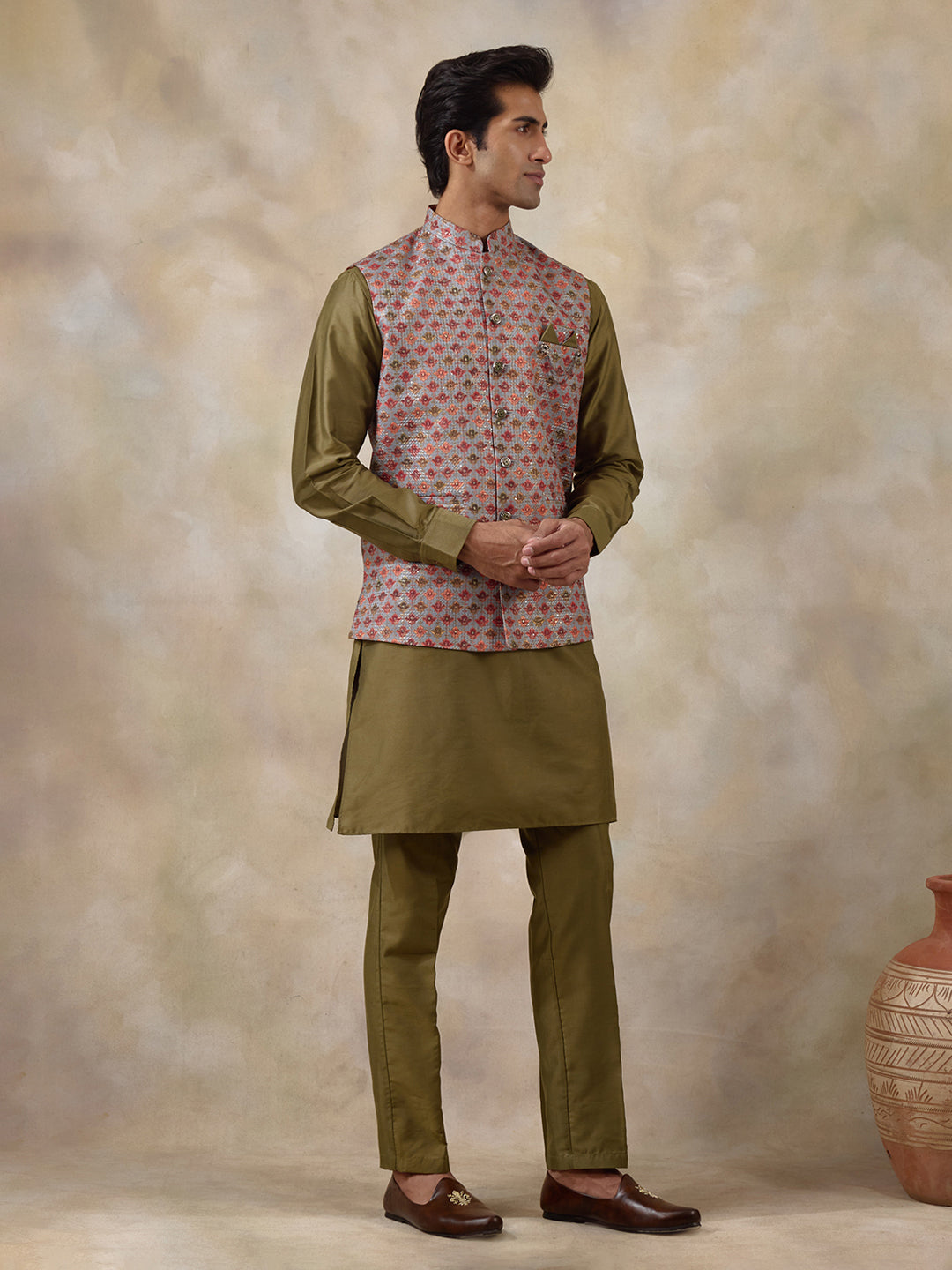 Mehendi Multicolour Patterned Men's Kurta Set
