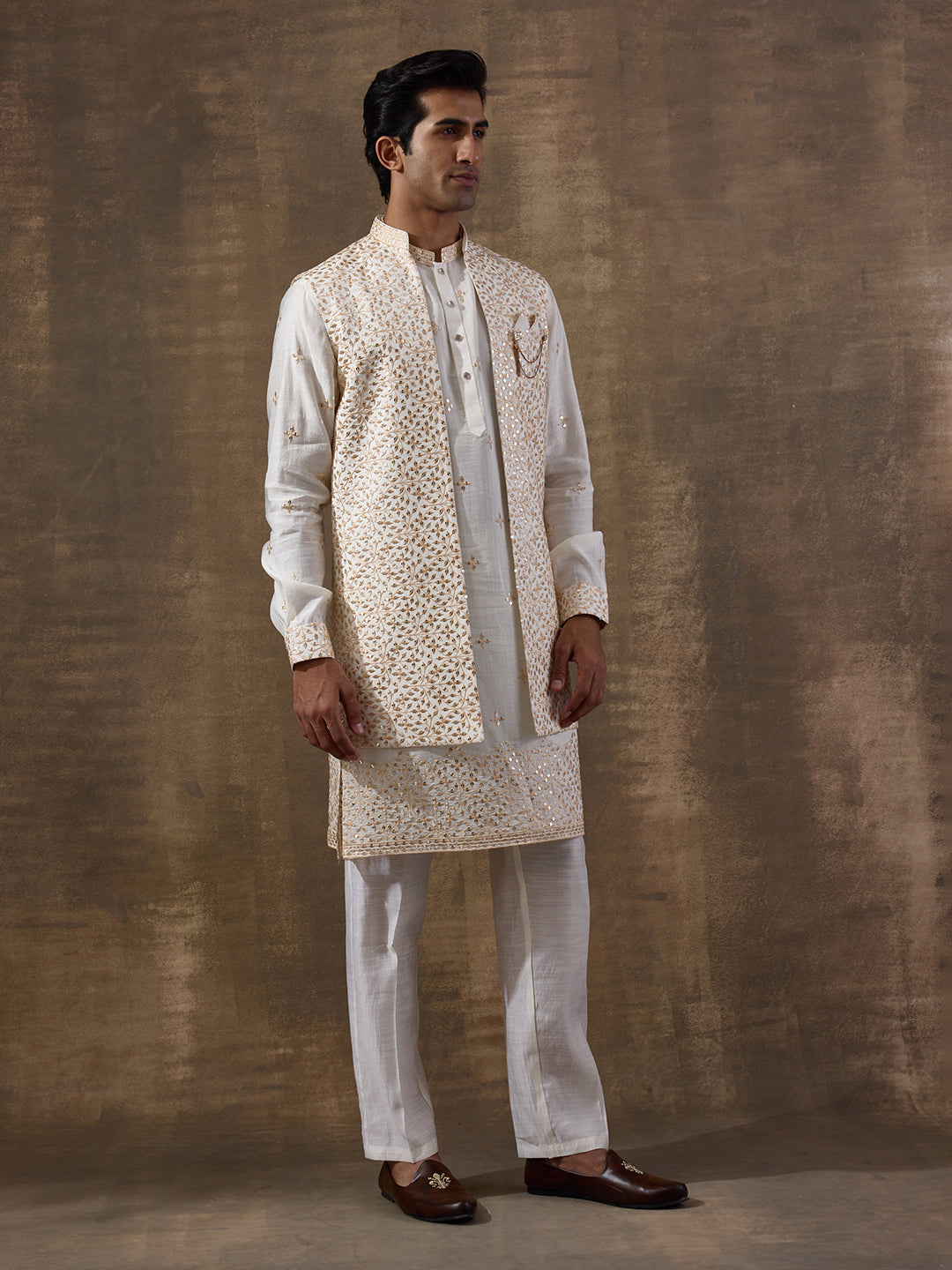 Starry White Mirrored Men's Kurta Set with Long Jacket