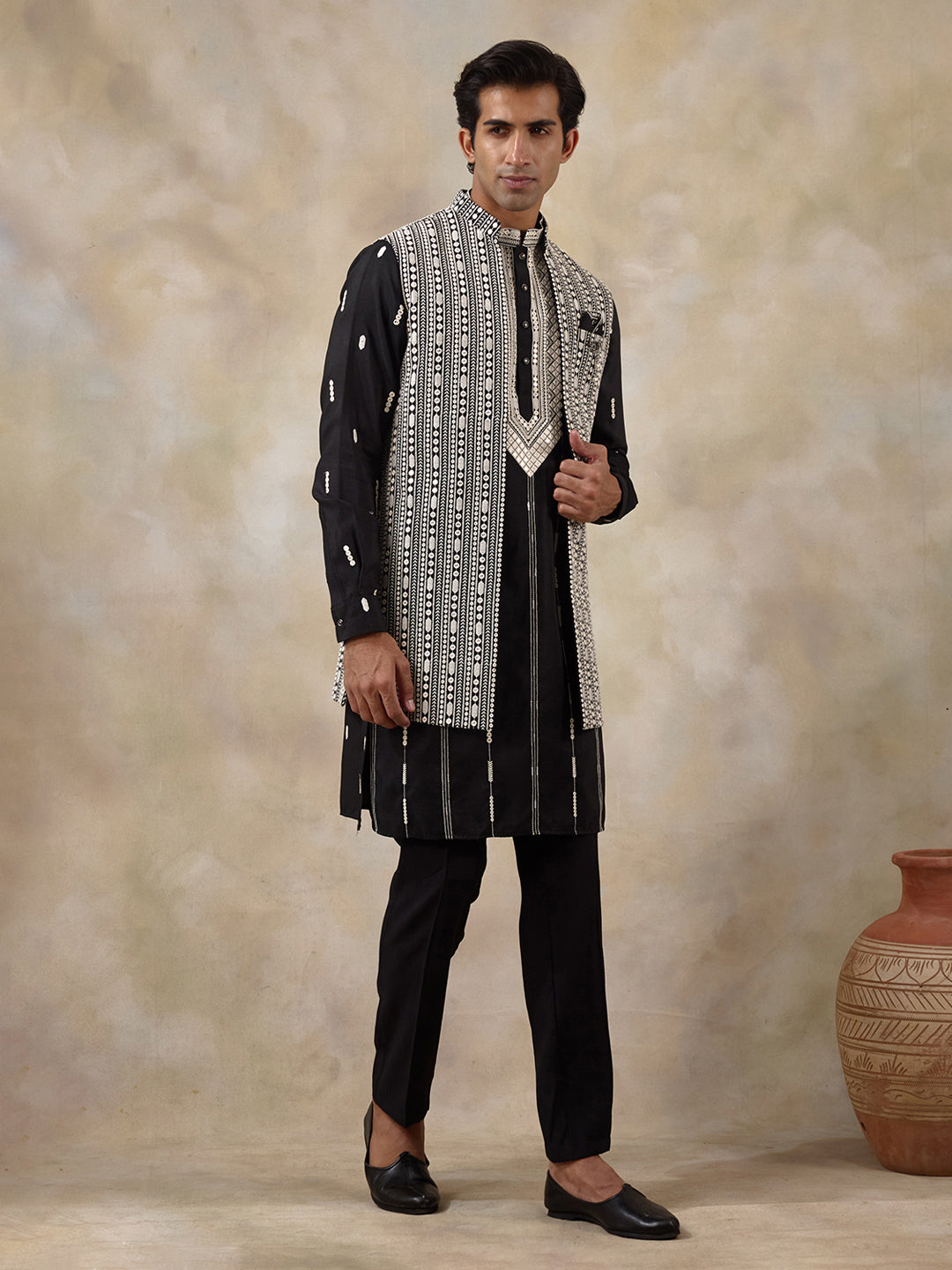 Black Chikankari Embroidered Men's Kurta Set with Long Jacket