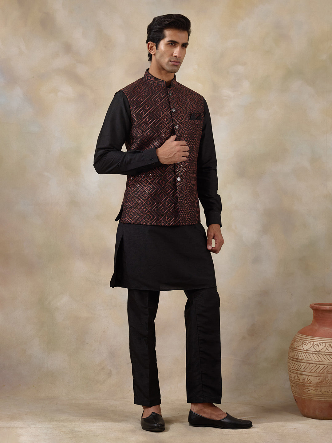 Rust Black Embroidered Men's Kurta Set