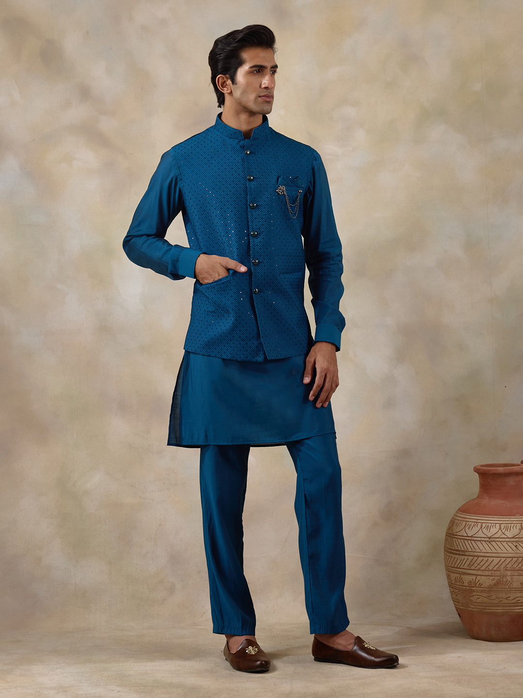 Azure Blue Sequinned Men's Kurta Set