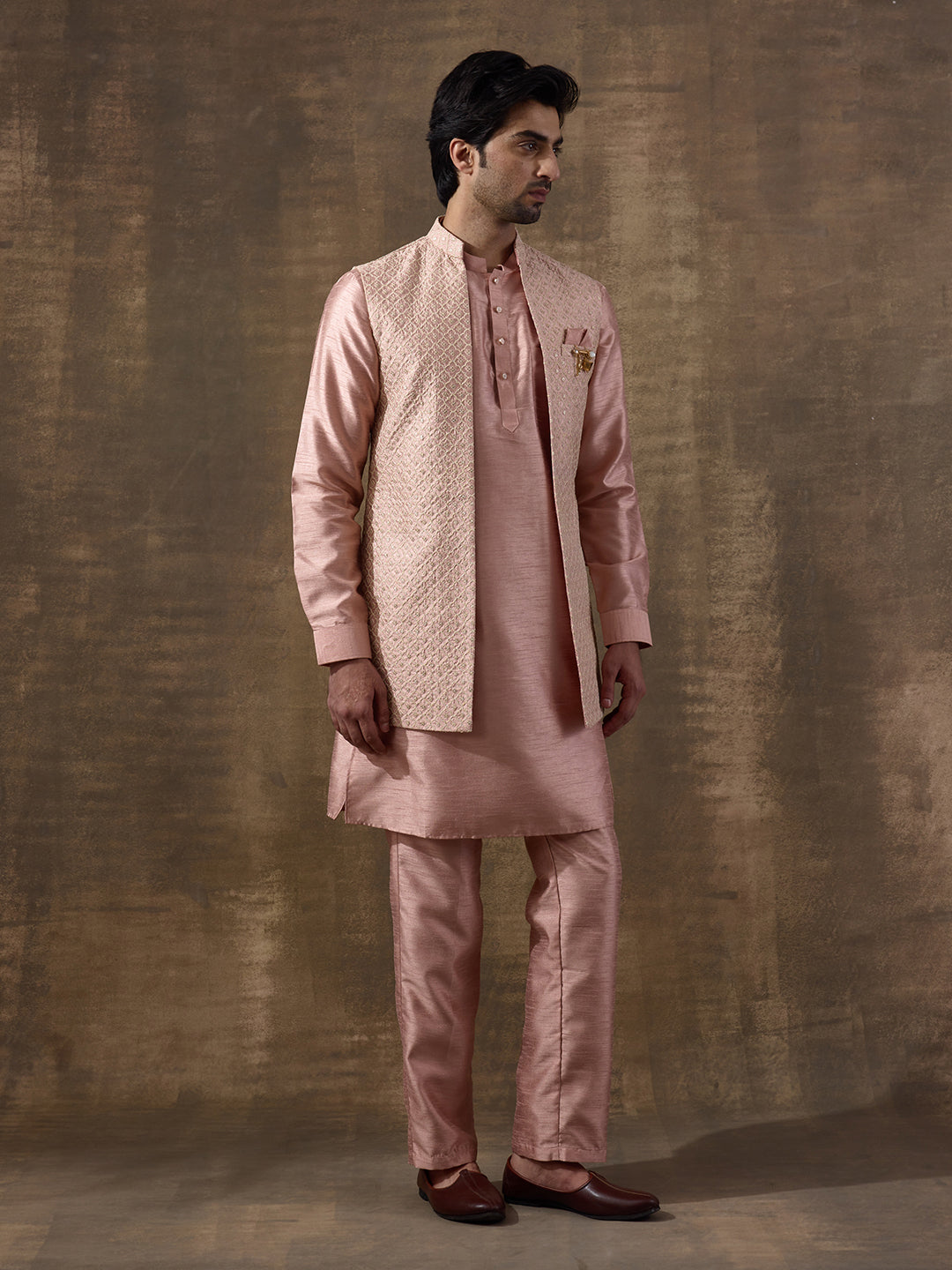 Pastel Pink Sequinned Men's Kurta Set with Long Jacket