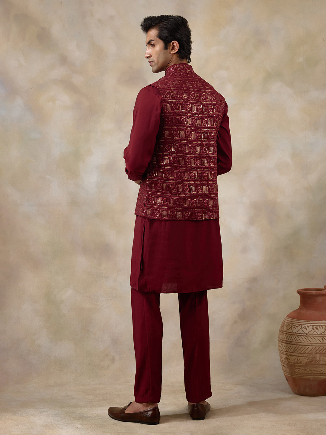 Bright Red Patterned Men's Kurta Set