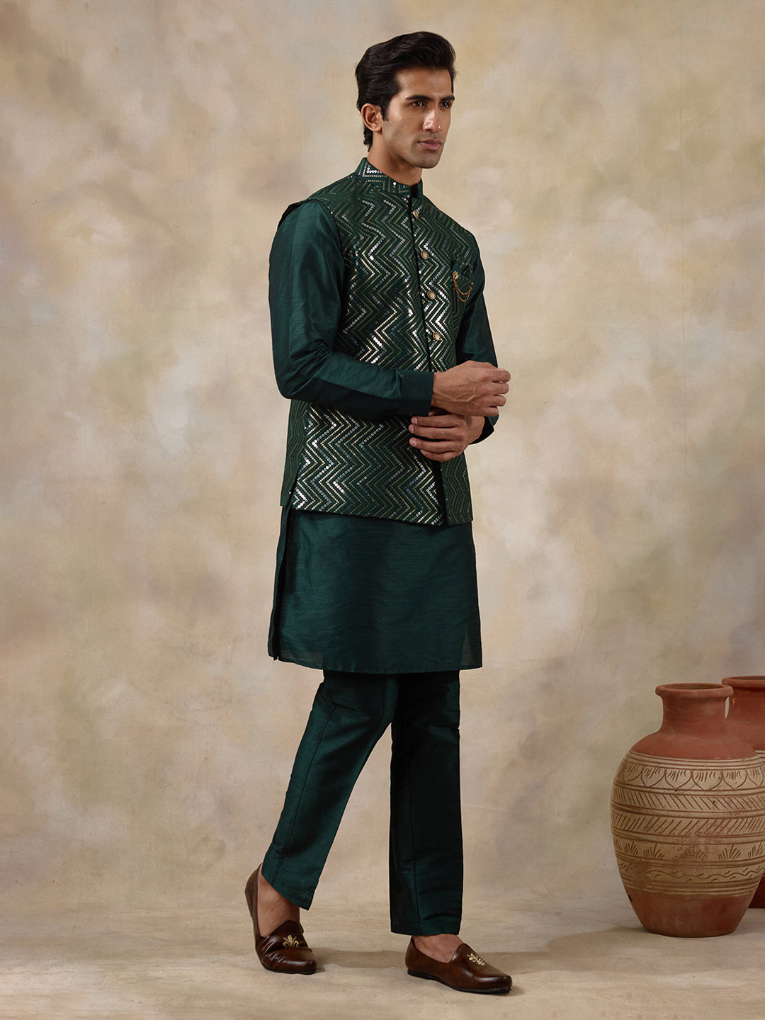 Bottle Green Sequinned Men's Kurta Set