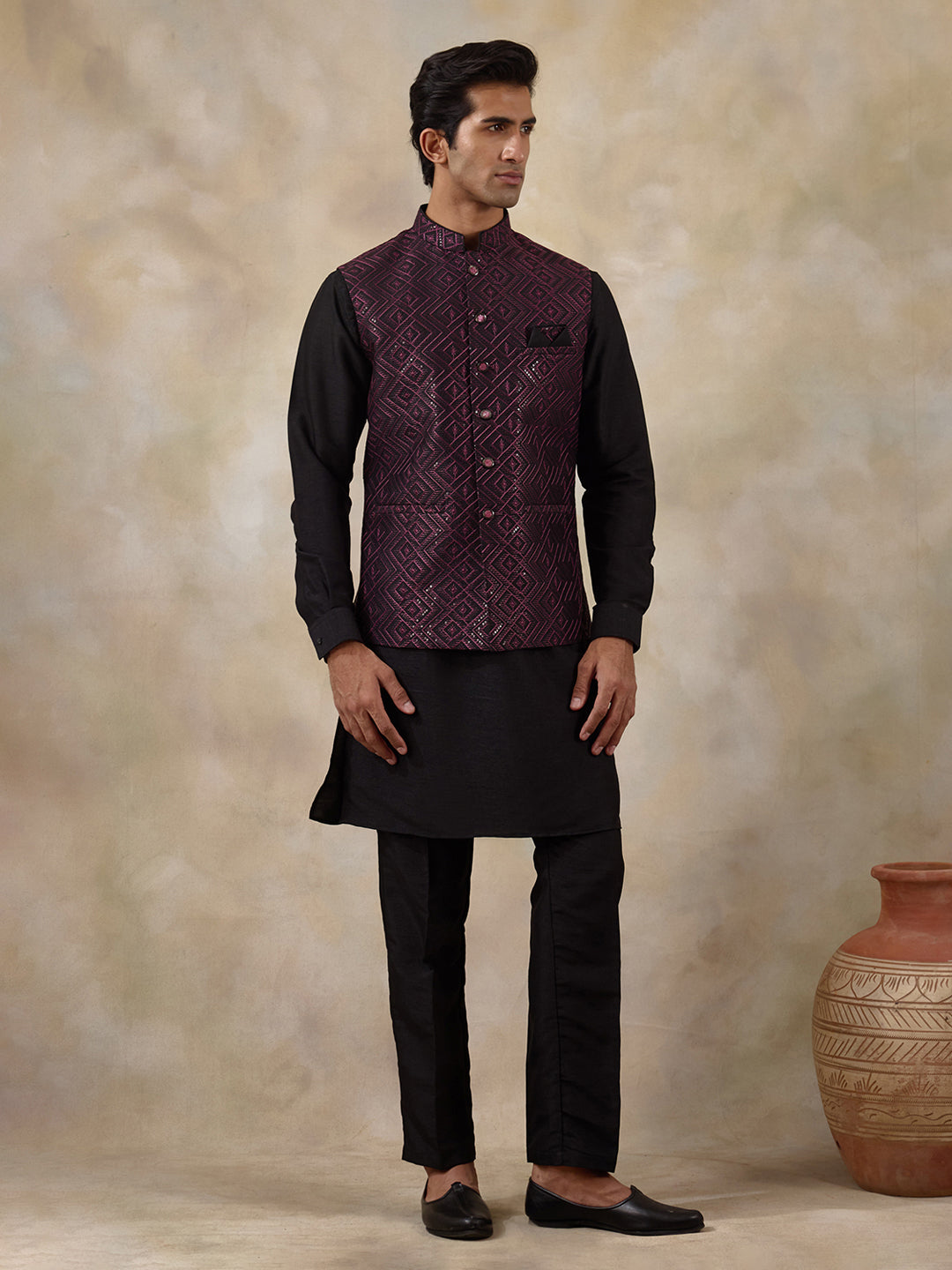 Wine Black Embroidered Men's Kurta Set