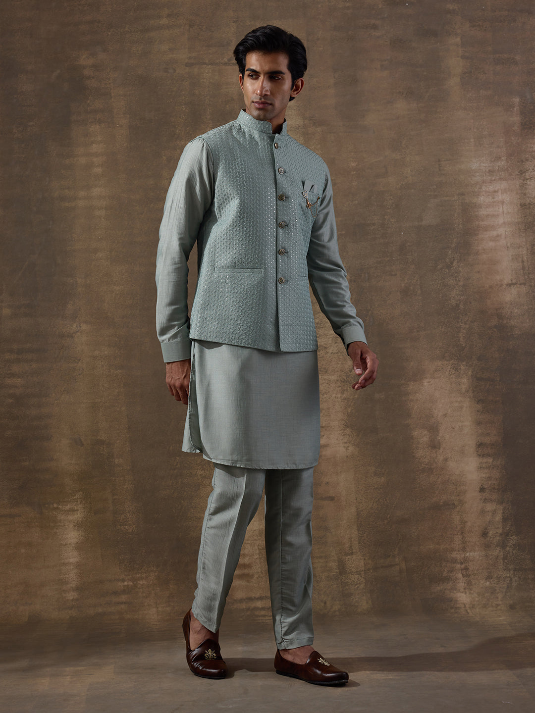 Sea Green Sequinned Men's Kurta Set