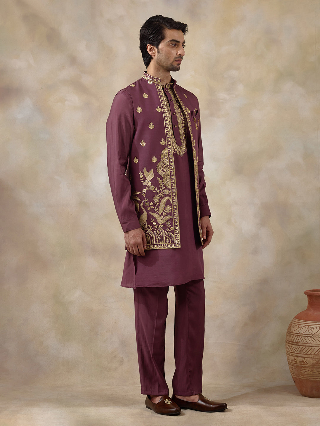 Royal Purple Aari Embroidered Men's Kurta Set with Long Jacket