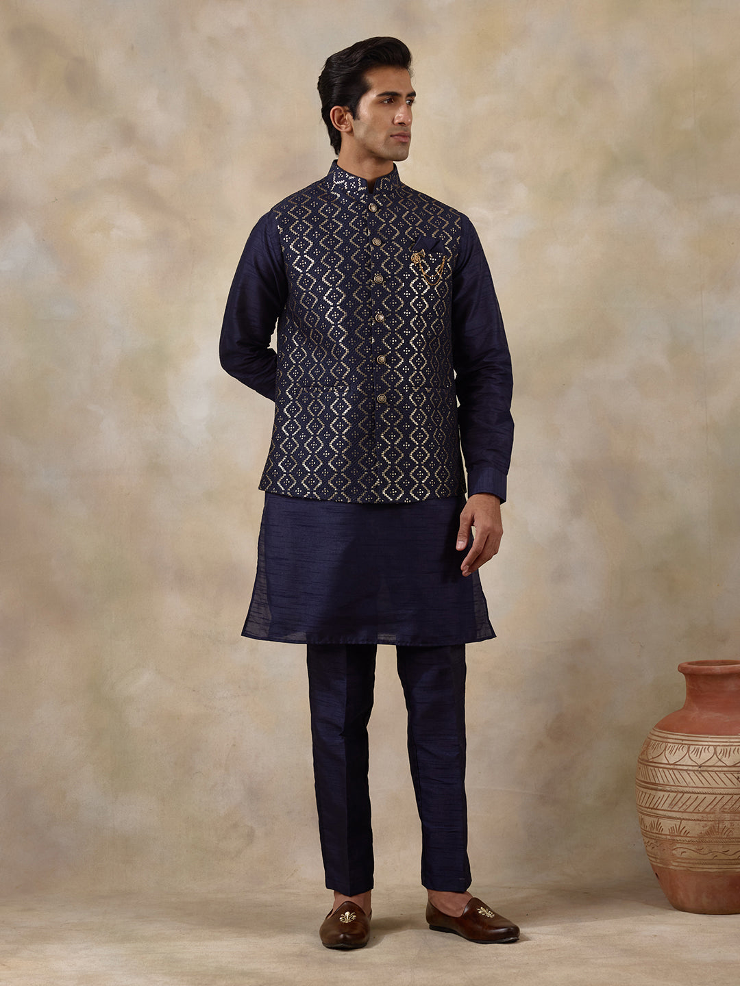 Deep Blue Sequinned Men's Kurta Set