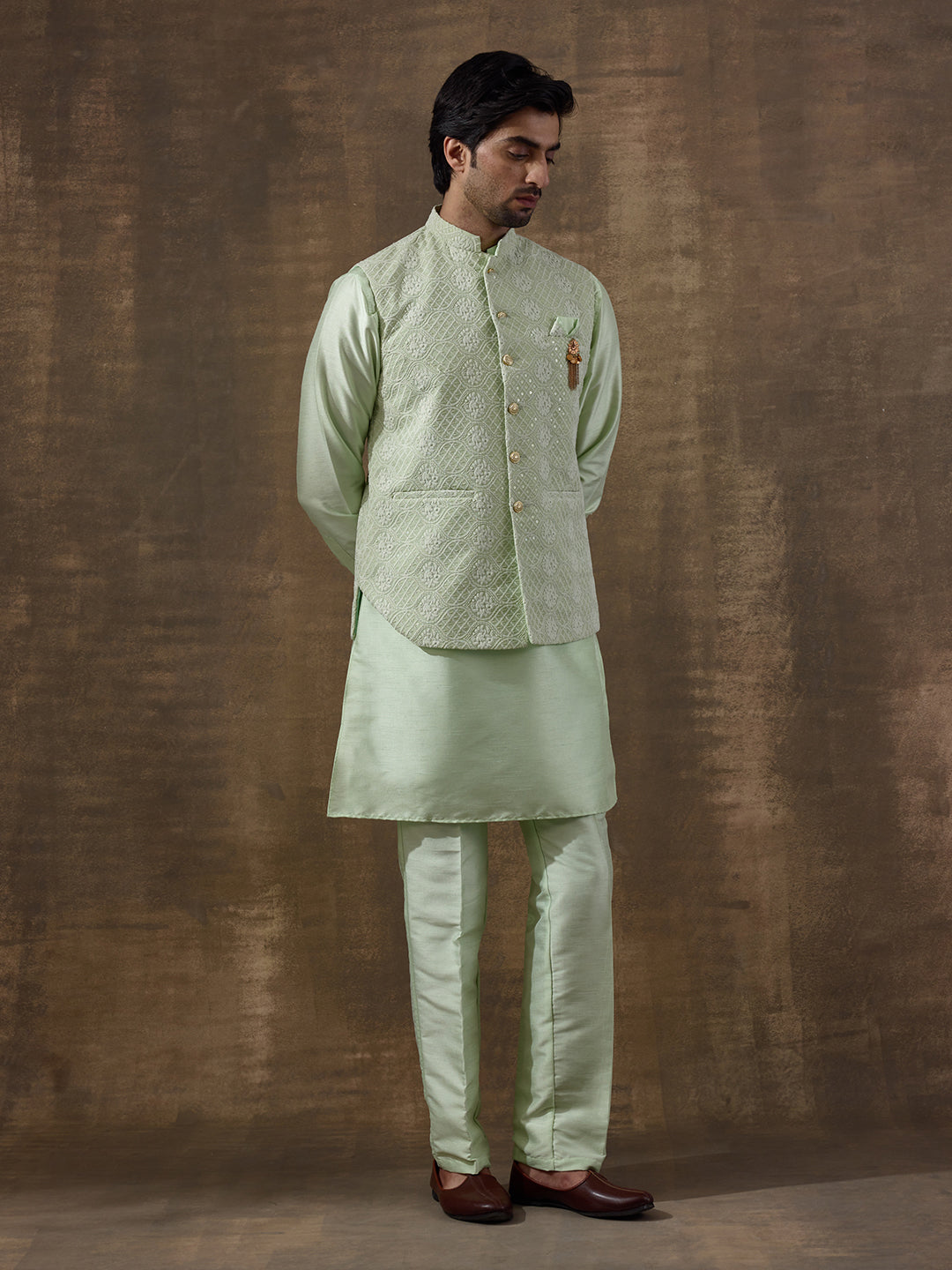 Pastel Green Motifs Embroidered Men's Kurta Set