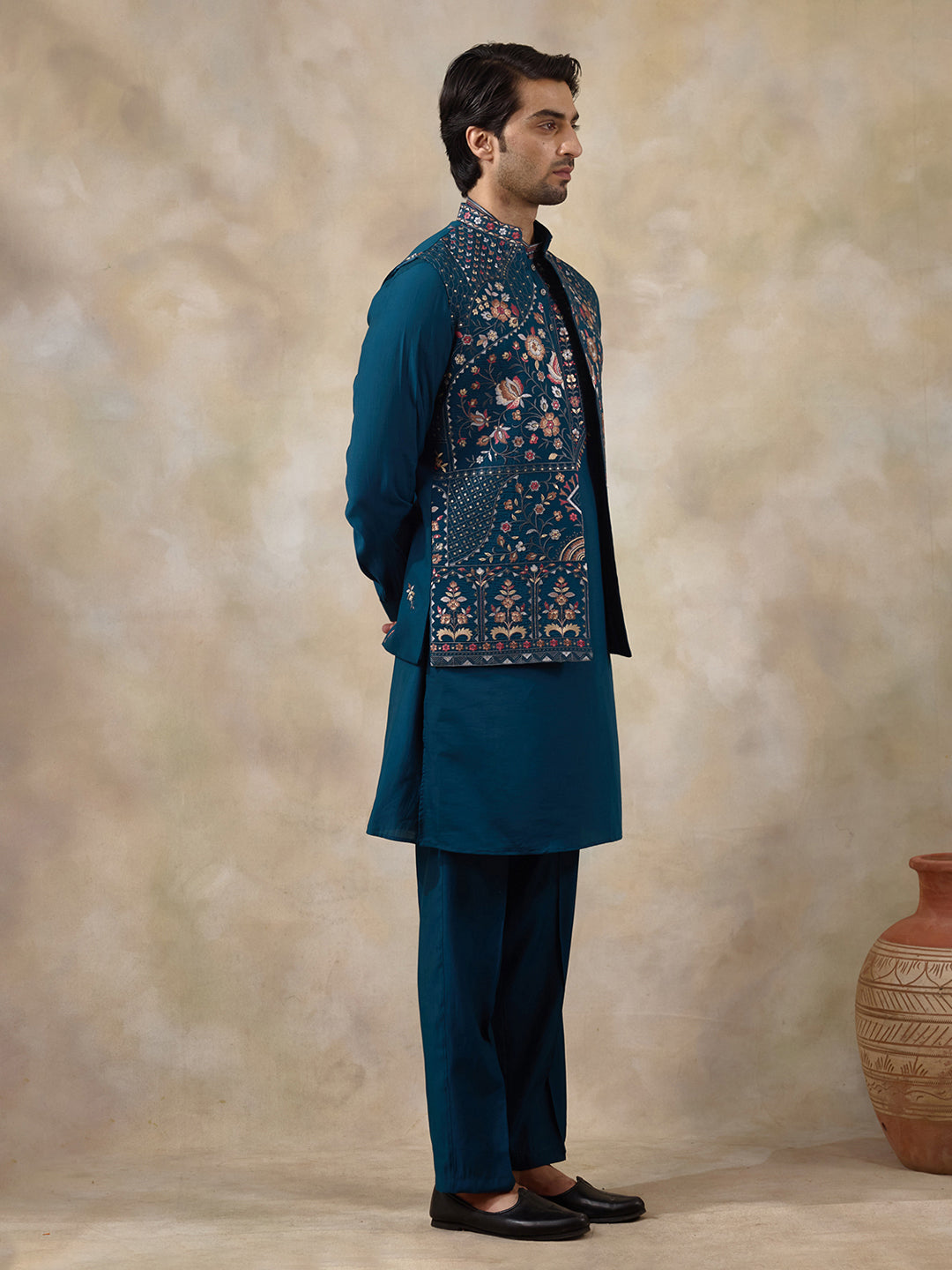 Azure Turquoise Floral Embroidered Men's Kurta Set with Long Jacket