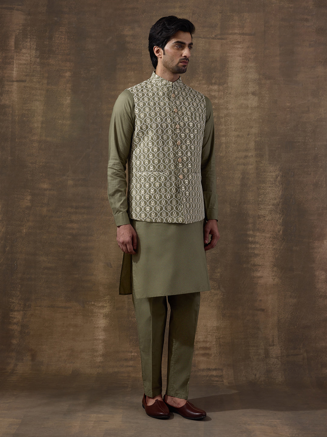 Olive Embroidered Men's Kurta Set