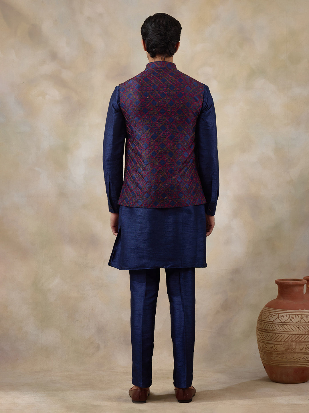 Blue Red Patterned Men's Kurta Set