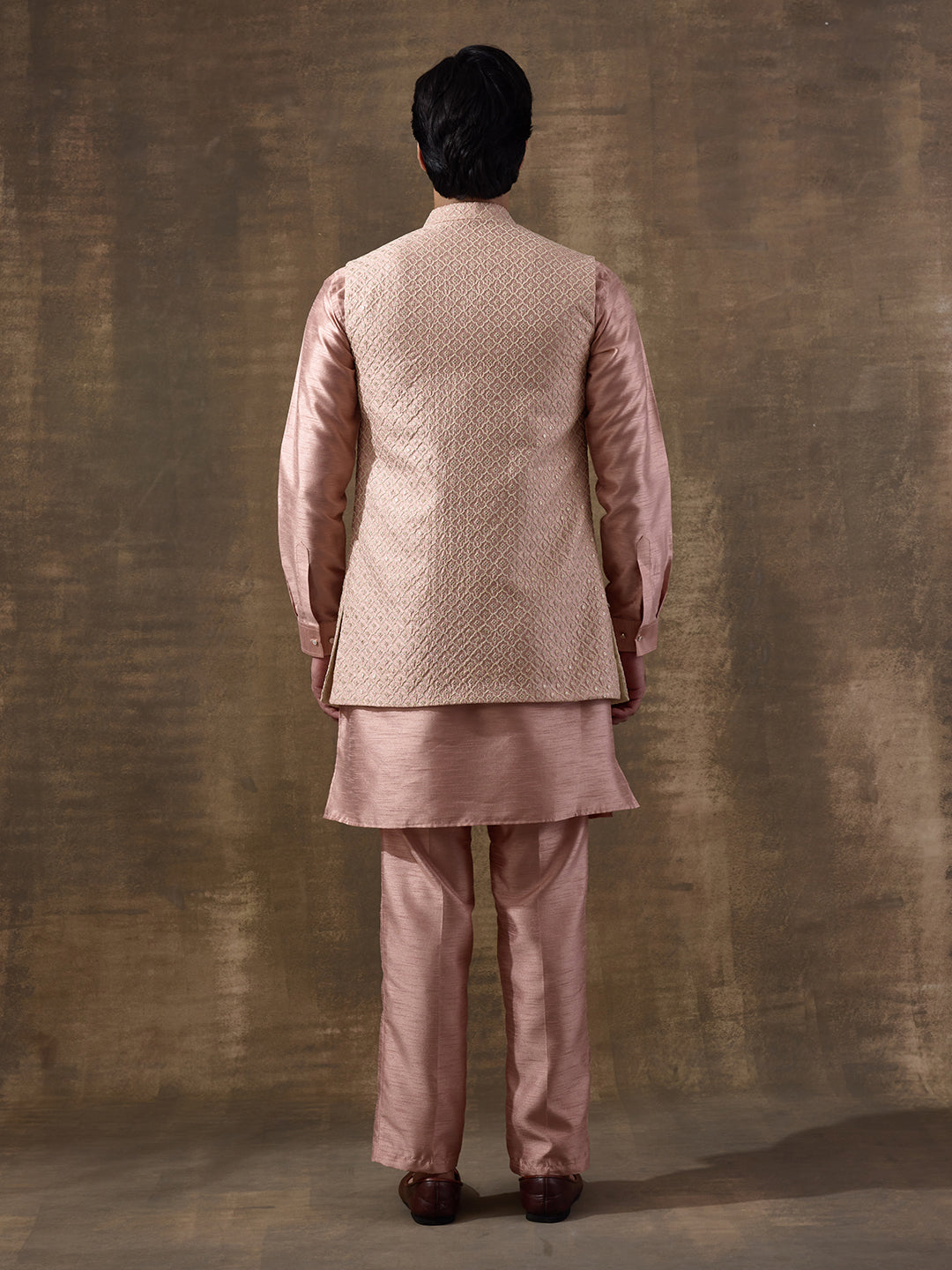 Pastel Pink Sequinned Men's Kurta Set with Long Jacket