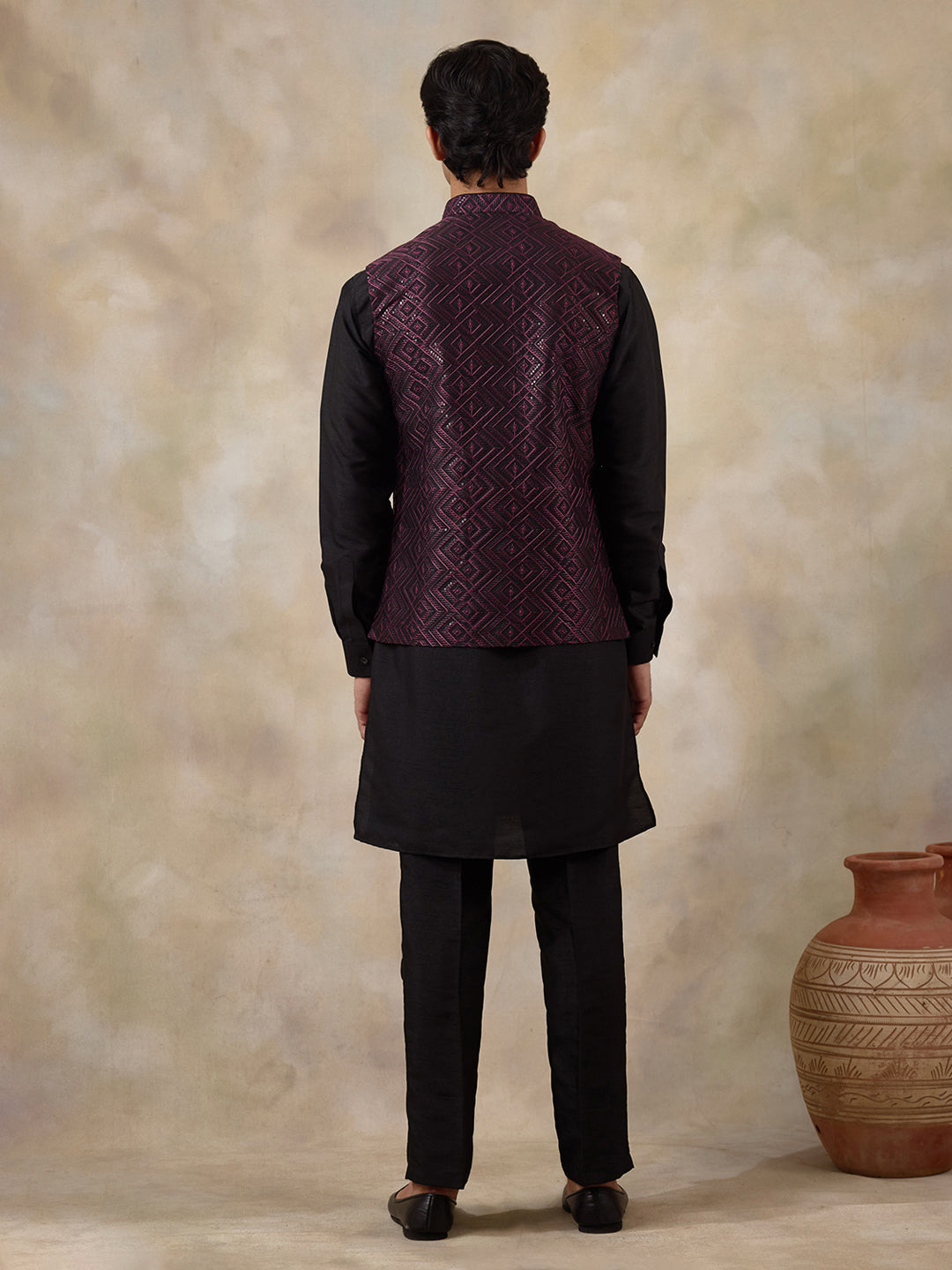 Wine Black Embroidered Men's Kurta Set