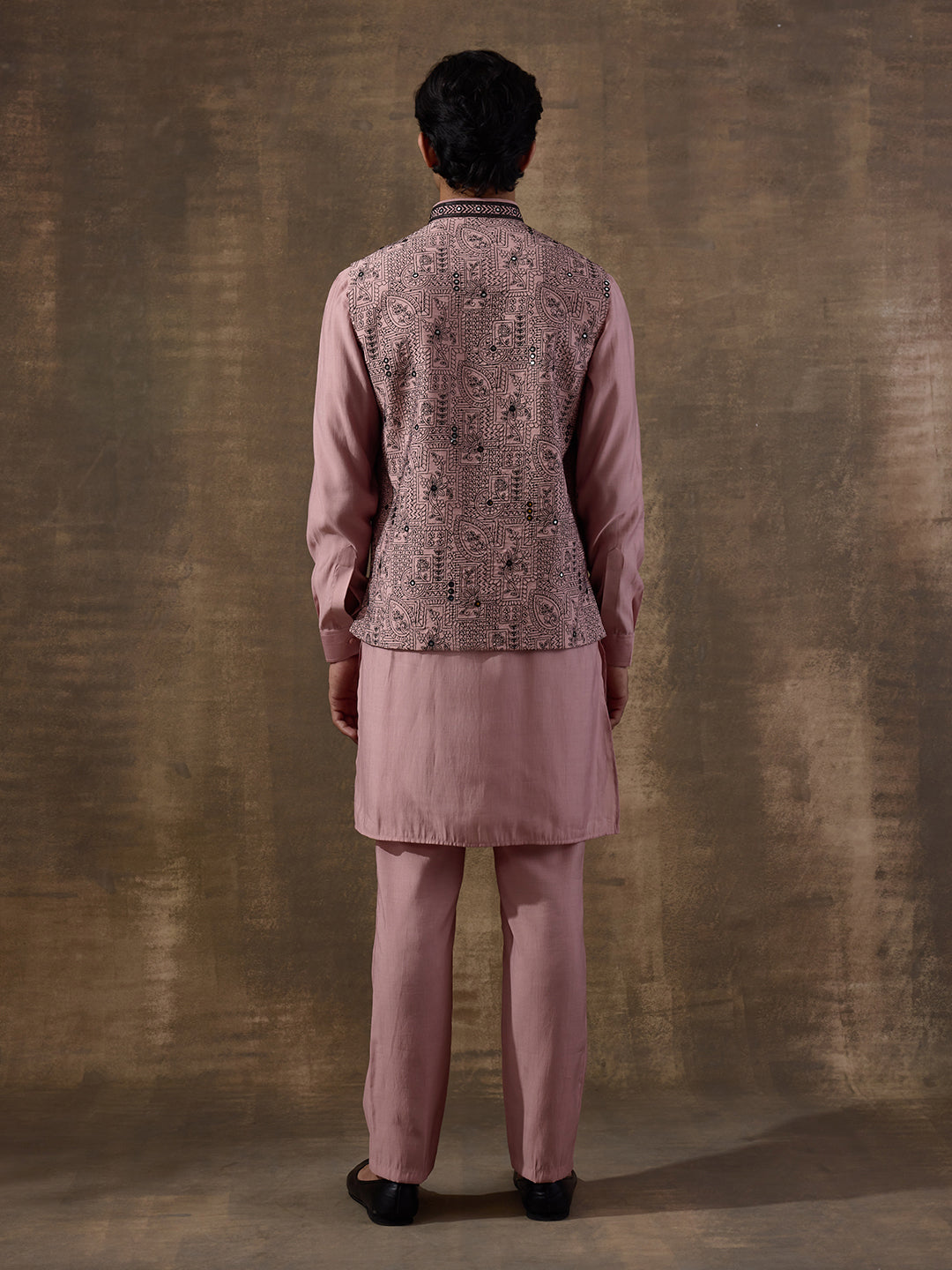 Peach Black Embroidered Men's Kurta Set