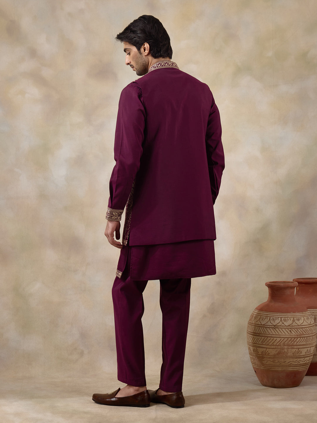 Wine Purple Bird Embroidered Men's Kurta Set with Long Jacket