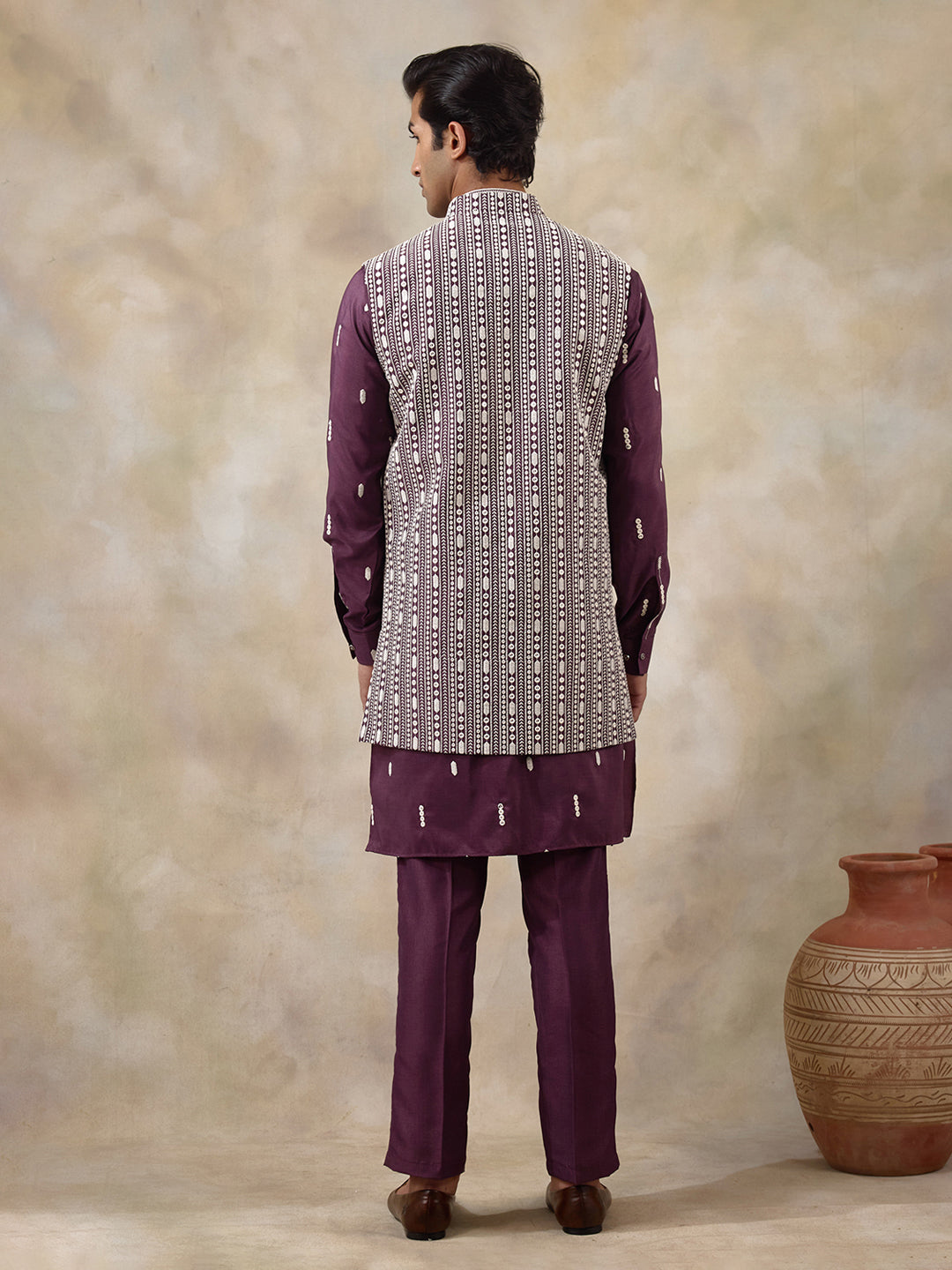 Purple Chikankari Embroidered Men's Kurta Set with Long Jacket