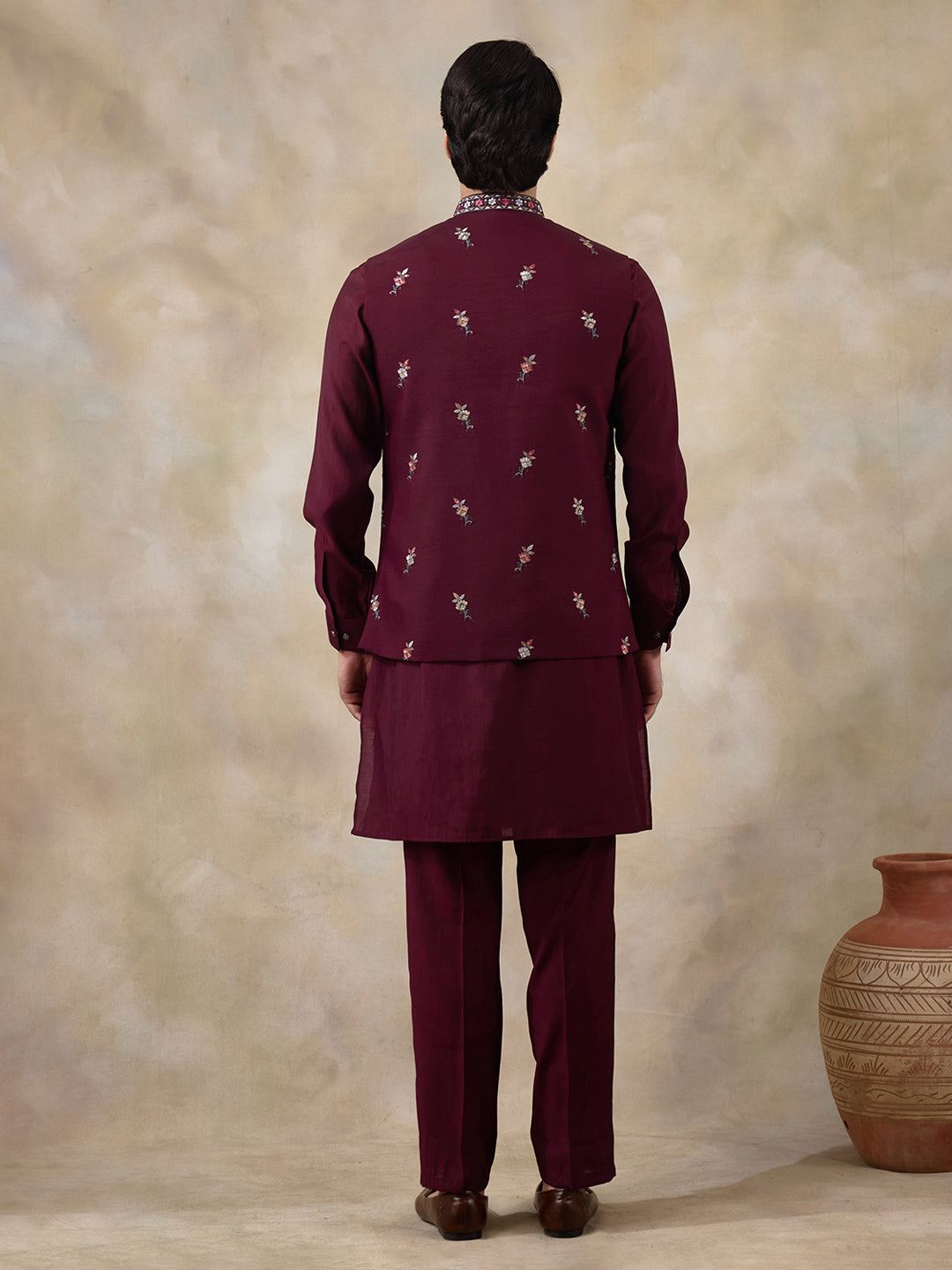 Deep Wine Floral Embroidered Men's Kurta Set with Long Jacket