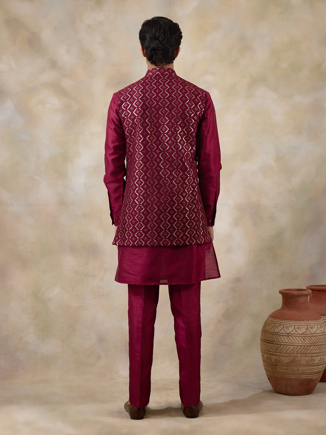 Deep Wine Sequinned Men's Kurta Set with Long Jacket