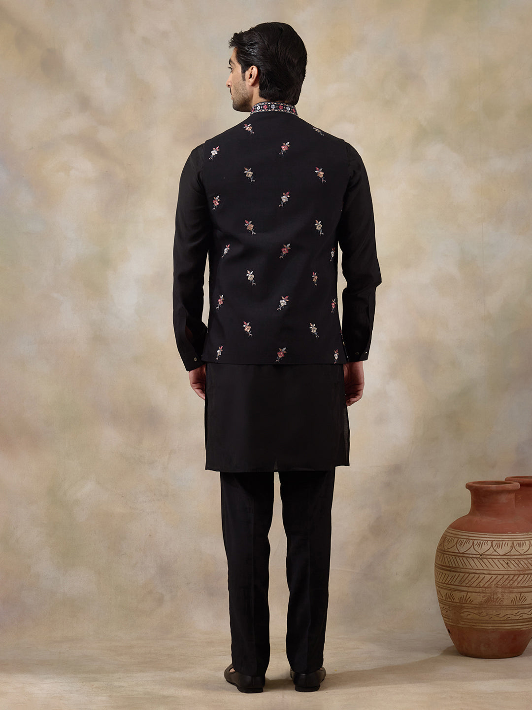 Majestic Black Floral Embroidered Men's Kurta Set with Long Jacket