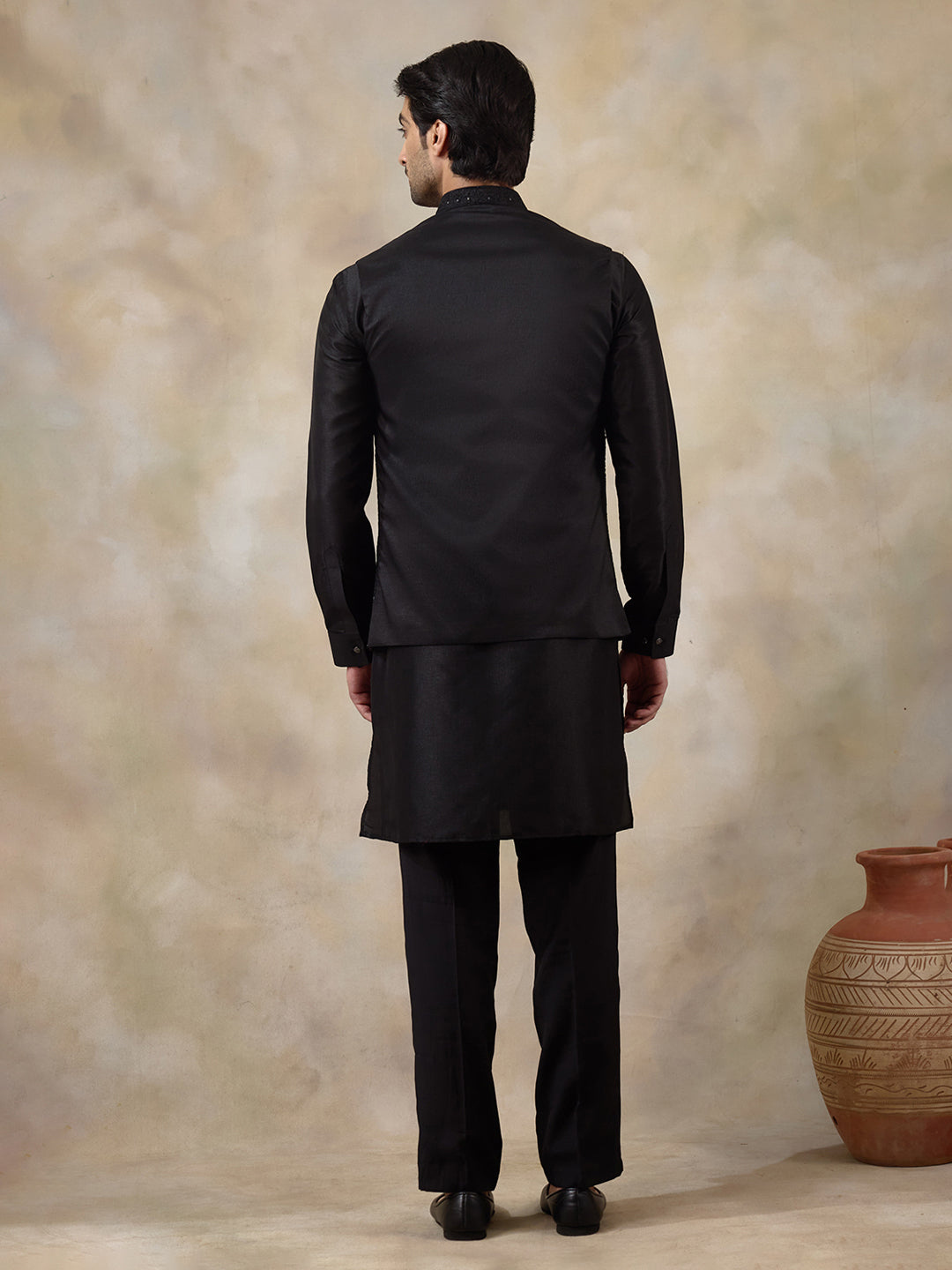 Midnight Black Sequinned Men's Kurta Set with Long Jacket