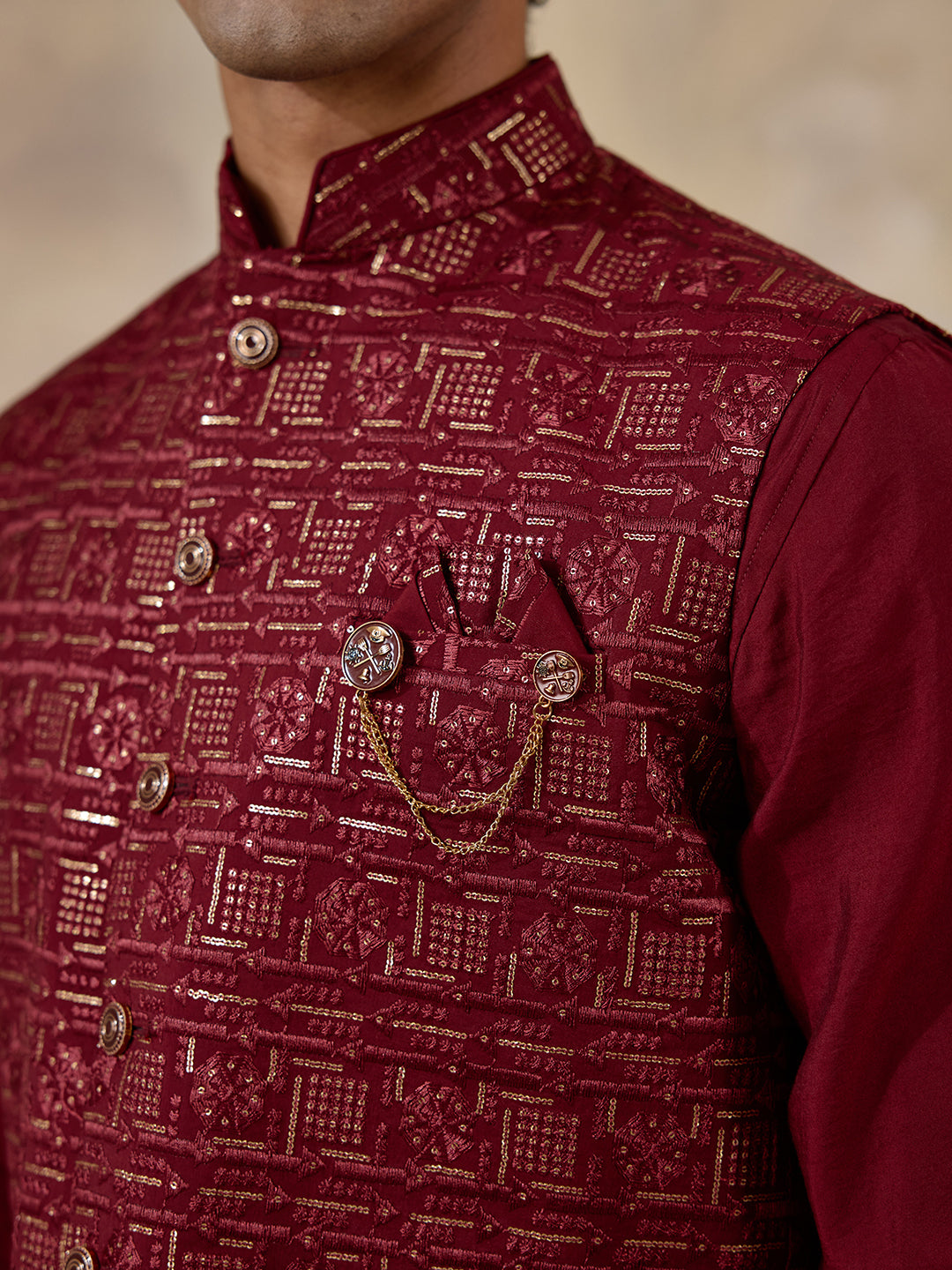 Bright Red Patterned Men's Kurta Set